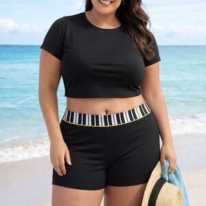 South Point Swim Shorts bottoms 22W Black White Stripe Waist Yellow Trim GUC